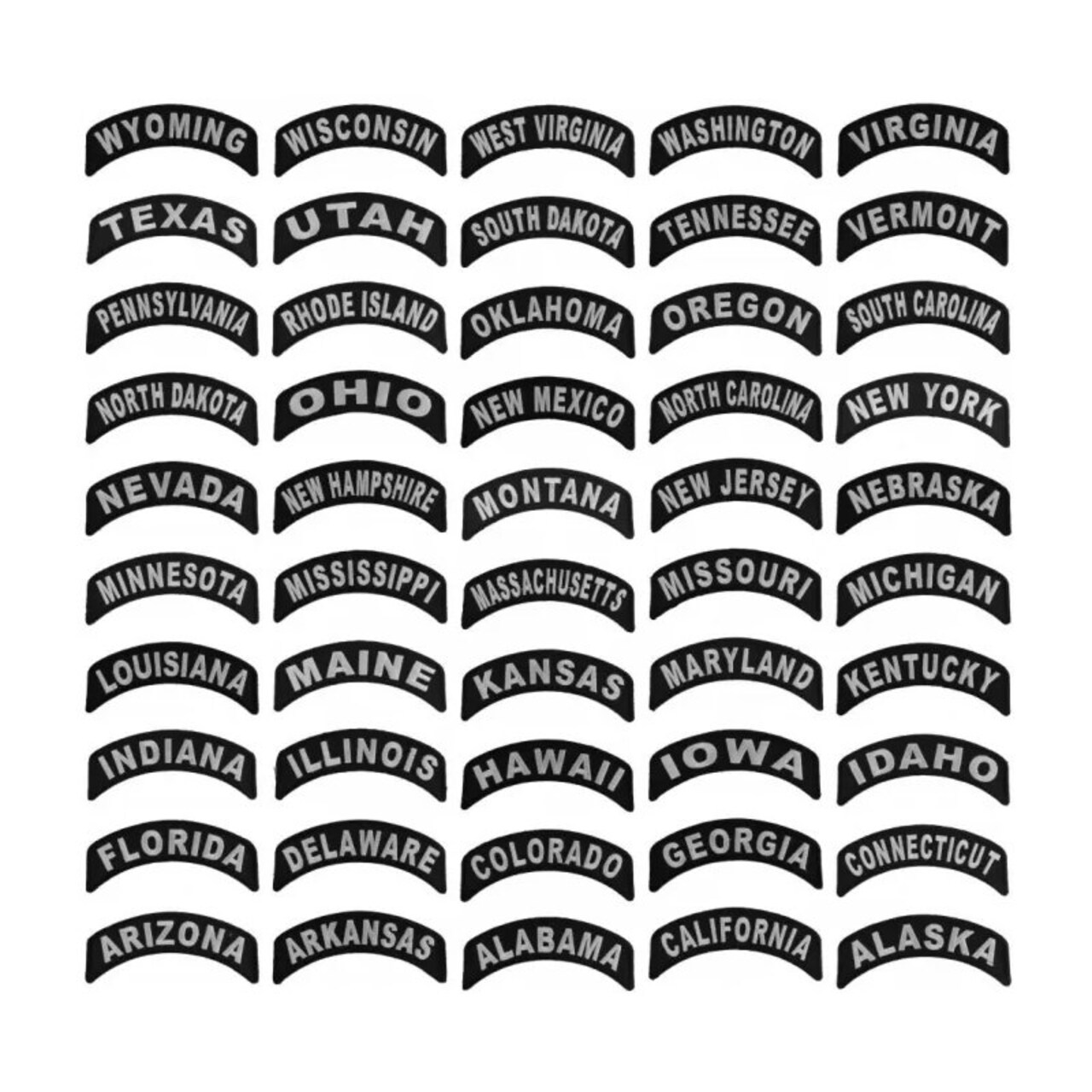 50 State Patch Set, Small Embroidered Rocker Patches (Iron-On or Sew-On), All 50 United States Patches, 4" x 1.75" Arch